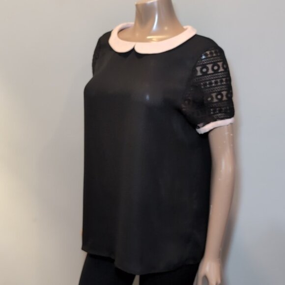 3/$20 TWIK Peter Pan Collar Short Sleeve Blouse Sheer Crochet Pastel Keyhole Top - Picture 4 of 9